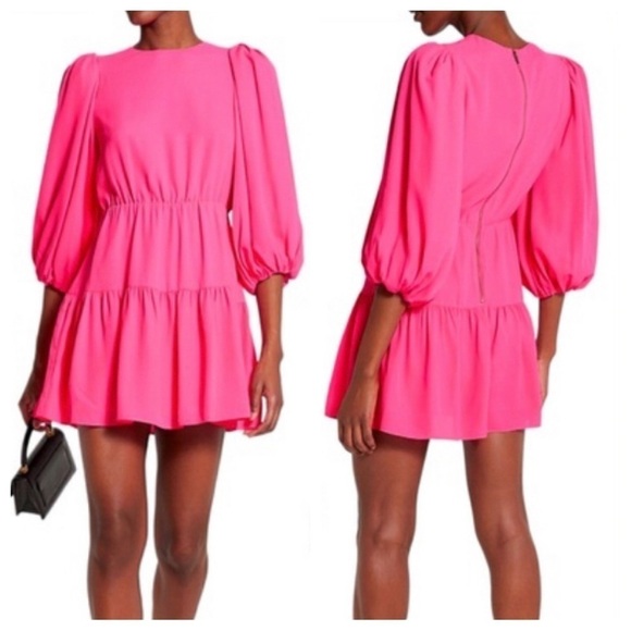 Alice + Olivia Shayla hot pink pleated sleeve tiered mini dress 8